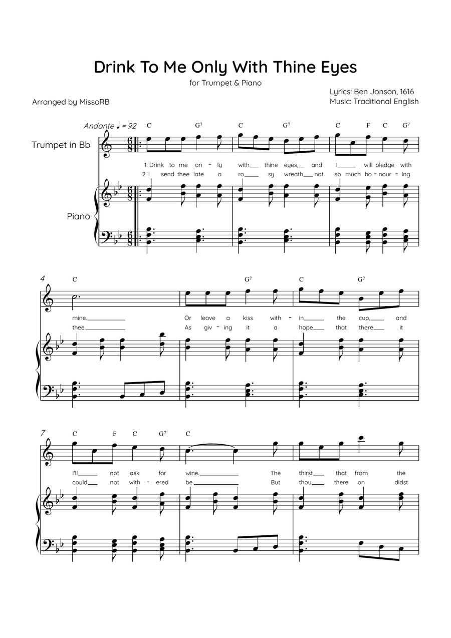 Drink To Me Only With Thine Eyes - Trumpet & Piano in Bb Major With Lyrics & Chords B-Flat Trumpet scores gallery preview page 1