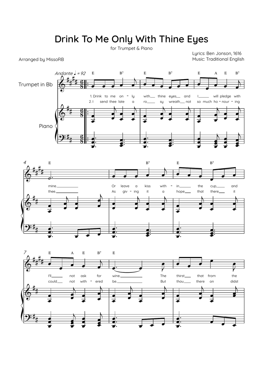 Drink To Me Only With Thine Eyes - Trumpet & Piano in D Major With Lyrics & Chords B-Flat Trumpet scores gallery preview page 1