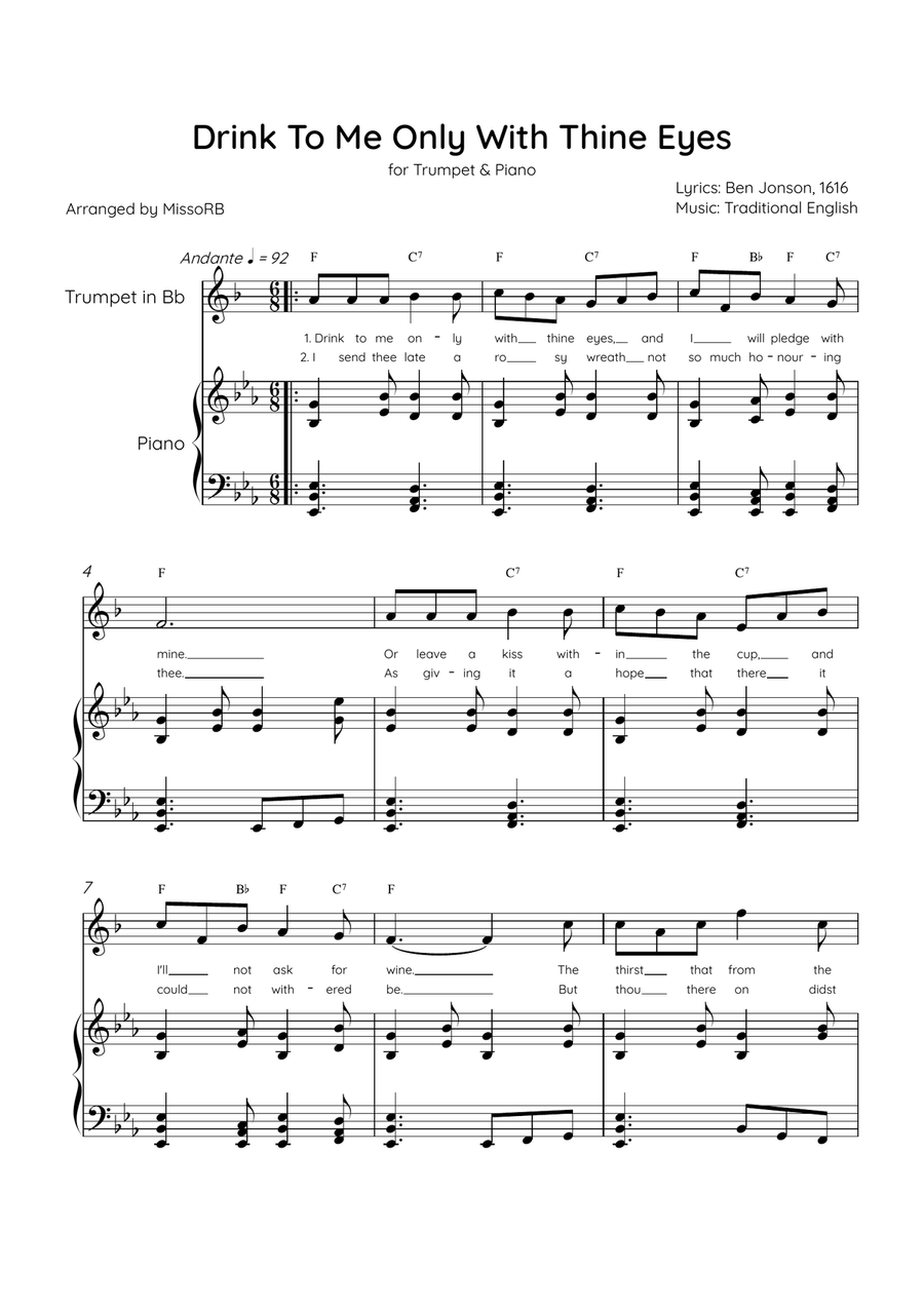 Drink To Me Only With Thine Eyes - Trumpet & Piano in Eb Major With Lyrics & Chords B-Flat Trumpet scores gallery preview page 1