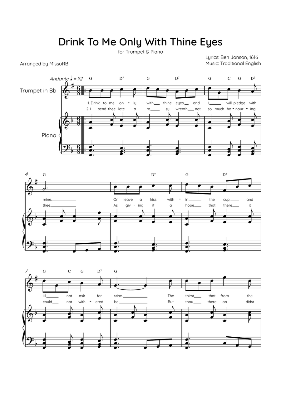 Drink To Me Only With Thine Eyes - Trumpet & Piano in F Major With Lyrics & Chords B-Flat Trumpet scores gallery preview page 1
