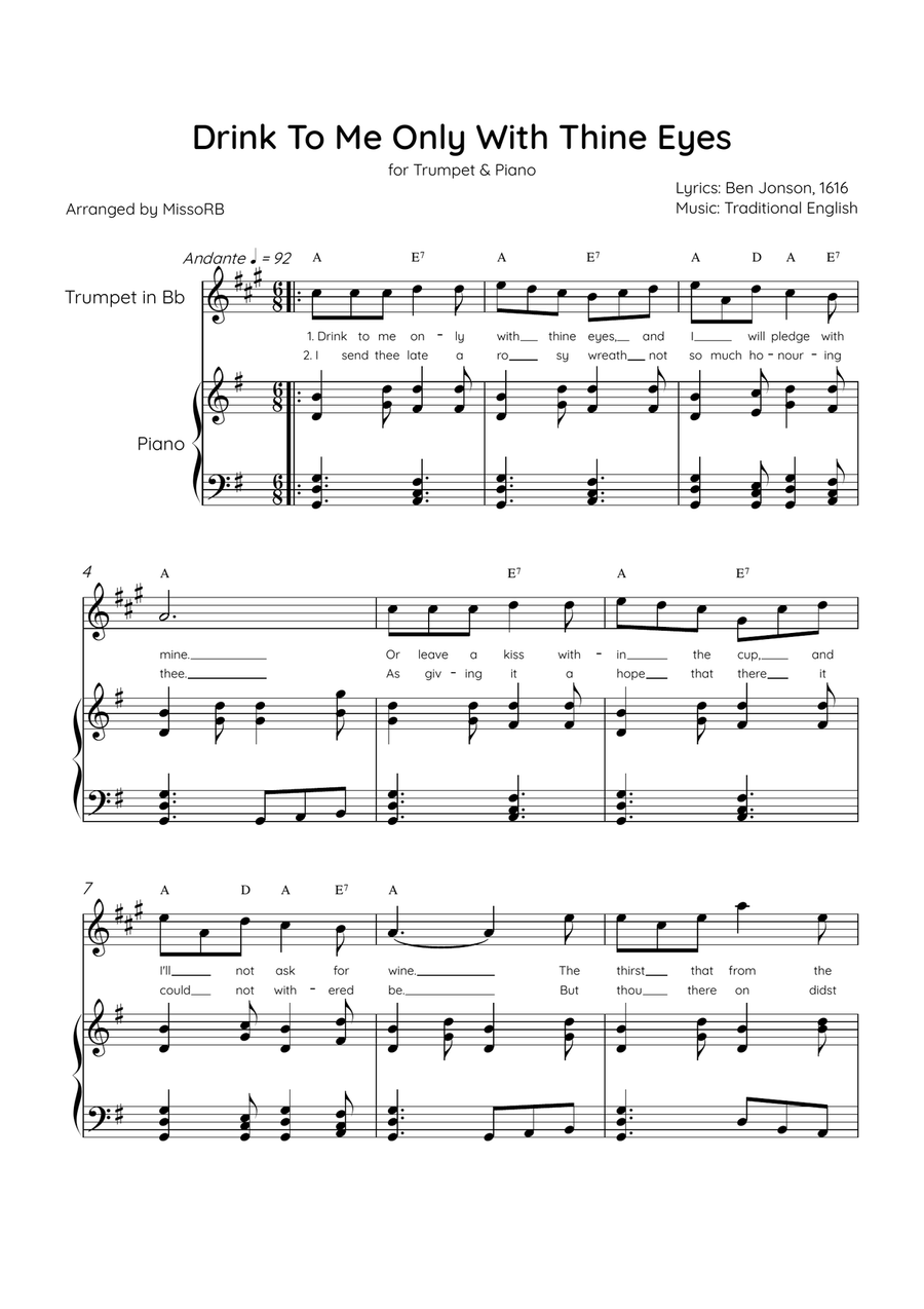 Drink To Me Only With Thine Eyes - Trumpet & Piano in G Major With Lyrics & Chords B-Flat Trumpet scores gallery preview page 1