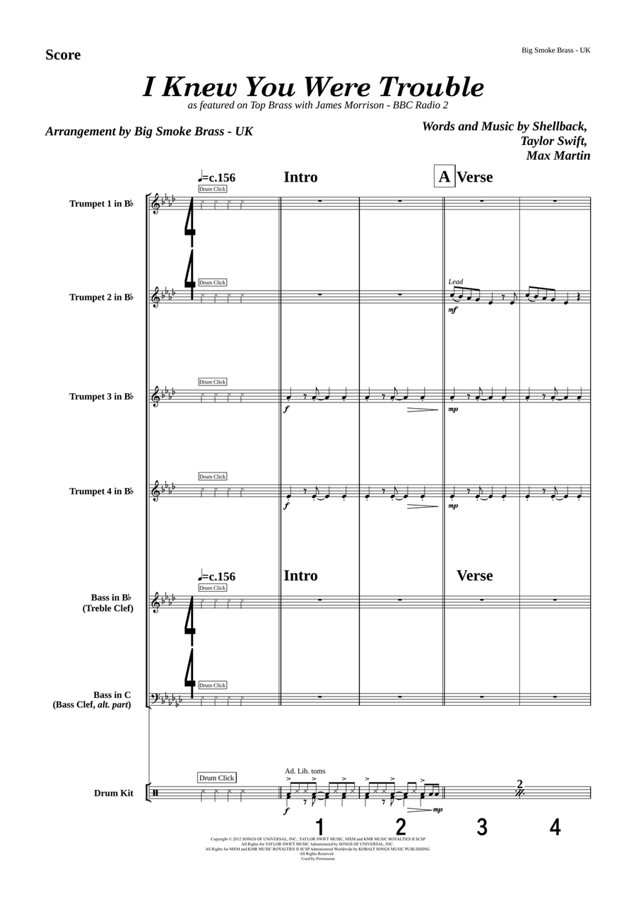 I Knew You Were Trouble Brass Quintet scores gallery preview page 1