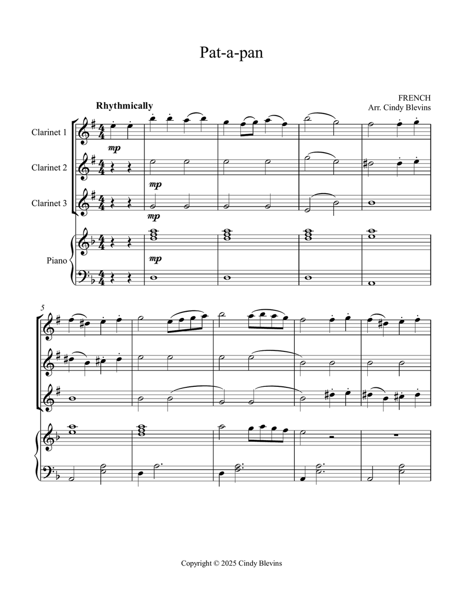 Pat-a-pan, for Three Clarinets and Piano Small Ensemble scores gallery preview page 2
