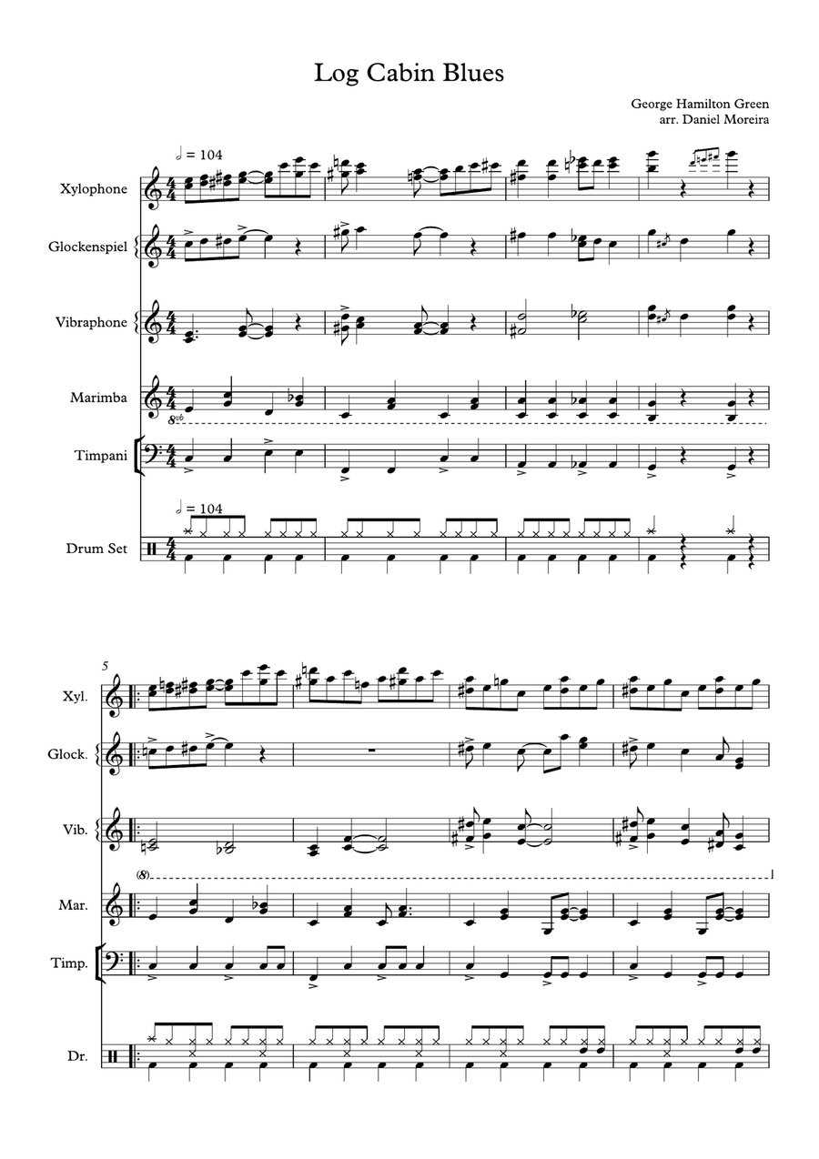 Log Cabin Blues for Xylophone Solo and Percussion Ensemble Percussion Ensemble scores gallery preview page 1
