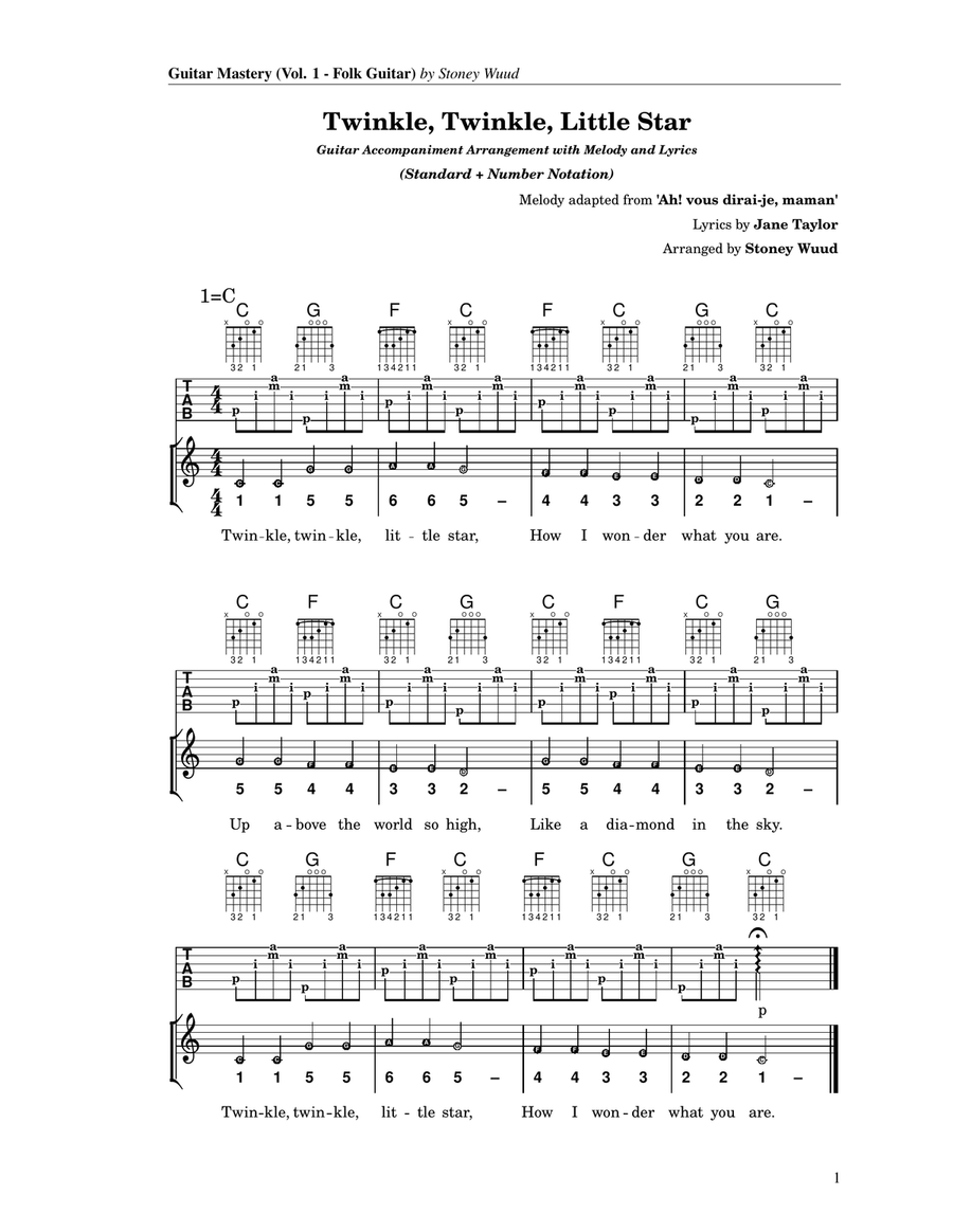 Twinkle, Twinkle, Little Star – Guitar Vocal (Fingerpicking & Strumming, 9 Versions) Acoustic Guitar scores gallery preview page 1