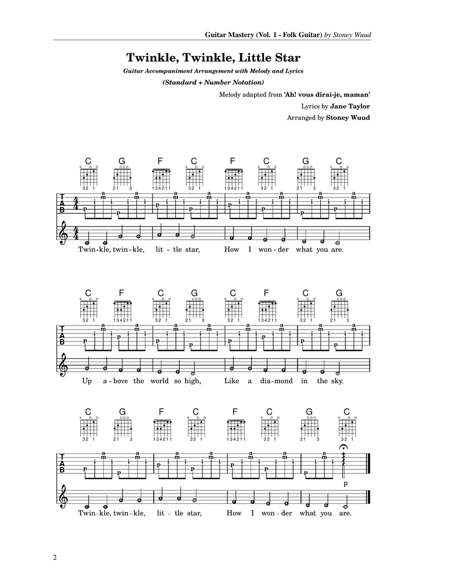 Twinkle, Twinkle, Little Star – Guitar Vocal (Fingerpicking & Strumming, 9 Versions) Acoustic Guitar scores gallery preview page 2