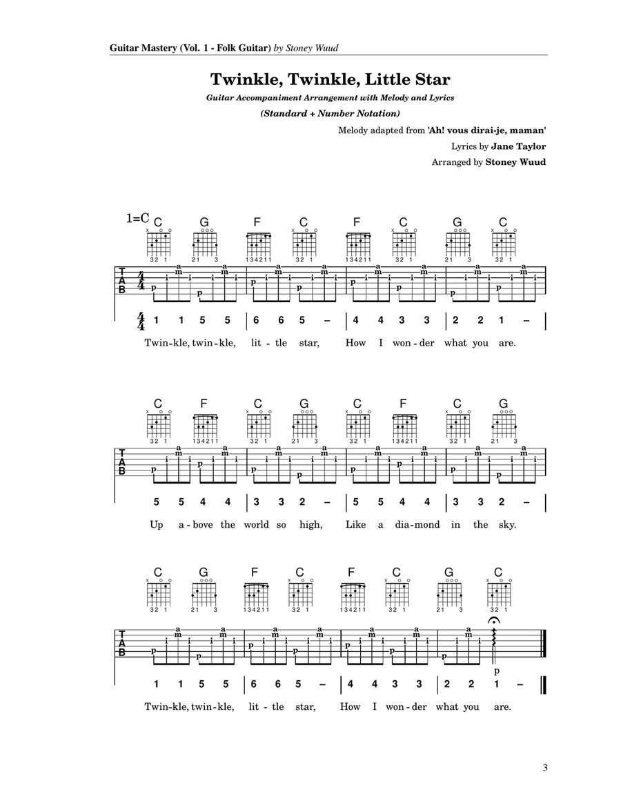 Twinkle, Twinkle, Little Star – Guitar Vocal (Fingerpicking & Strumming, 9 Versions) Acoustic Guitar scores gallery preview page 3