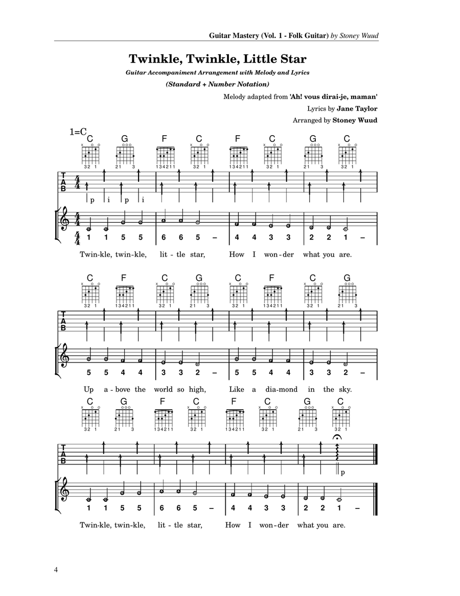 Twinkle, Twinkle, Little Star – Guitar Vocal (Fingerpicking & Strumming, 9 Versions) Acoustic Guitar scores gallery preview page 4