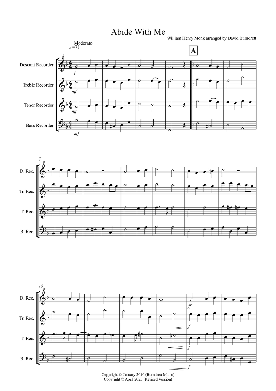 Abide With Me for Recorder Quartet Soprano Recorder scores gallery preview page 1