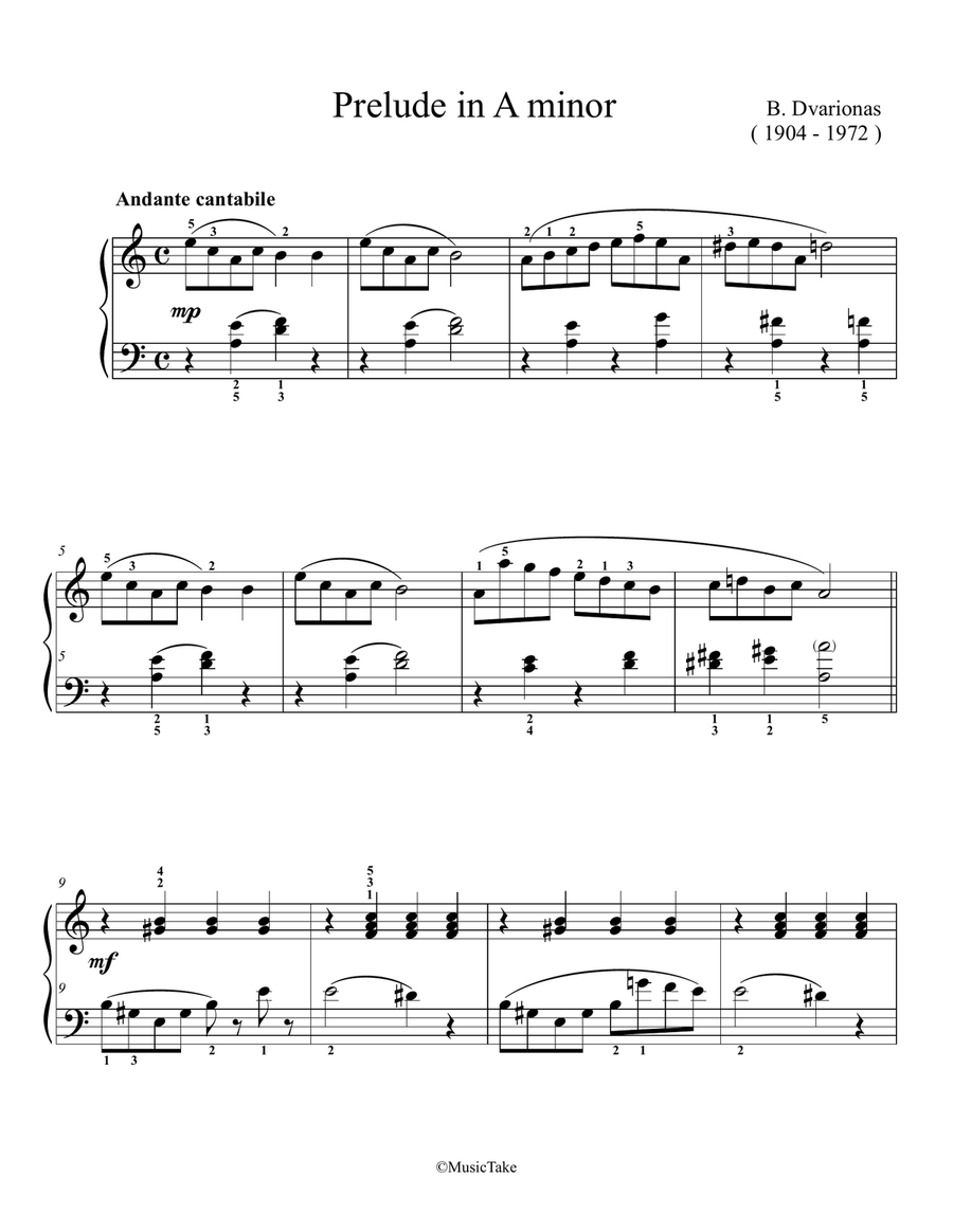 Dvarionas Prelude in A minor Easy Piano scores gallery preview page 1