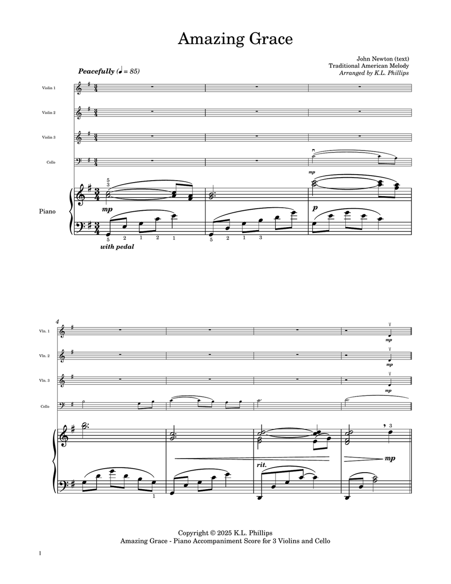 Amazing Grace - Three Violins and Cello with Piano Accompaniment String Quartet scores gallery preview page 2