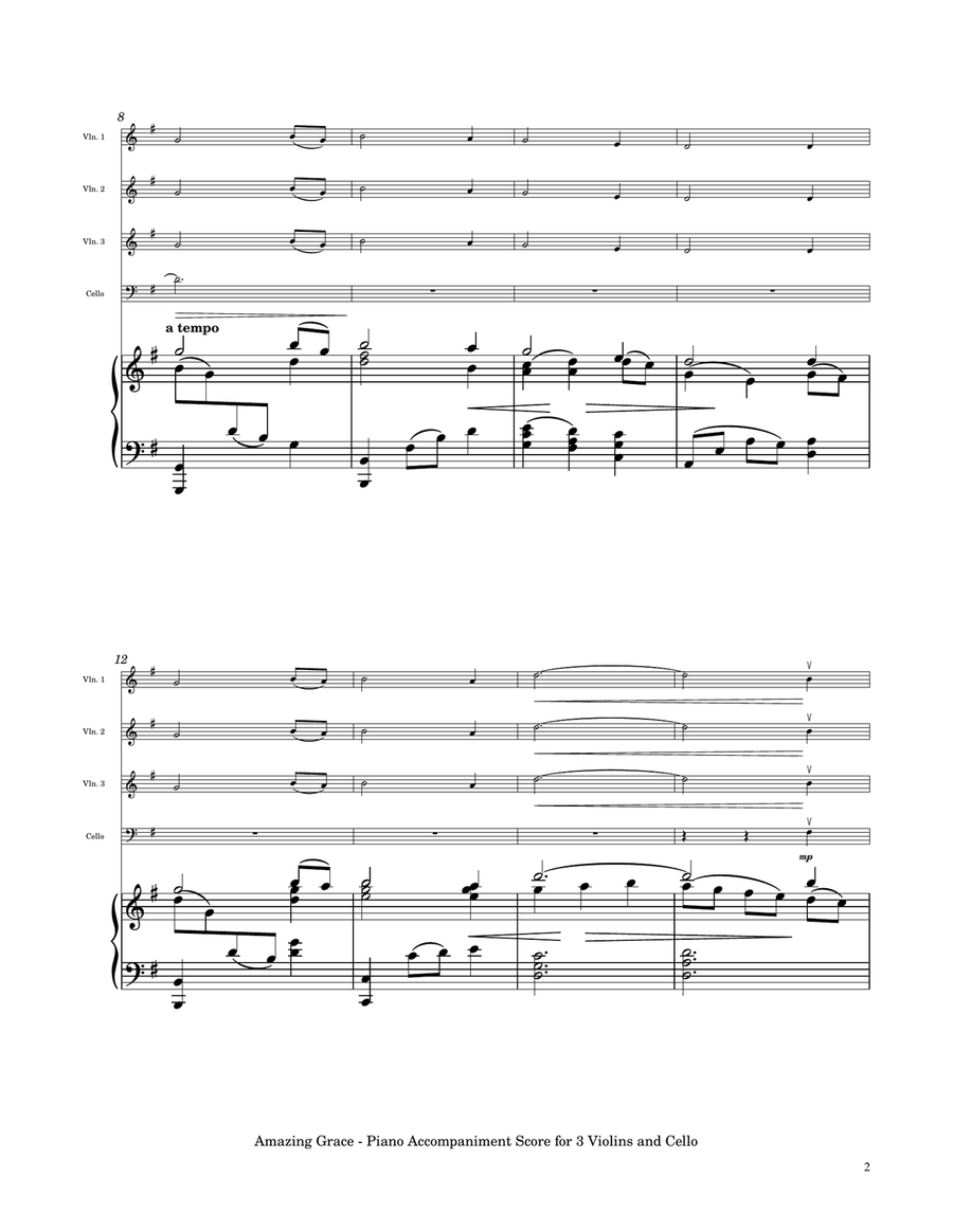 Amazing Grace - Three Violins and Cello with Piano Accompaniment String Quartet scores gallery preview page 3