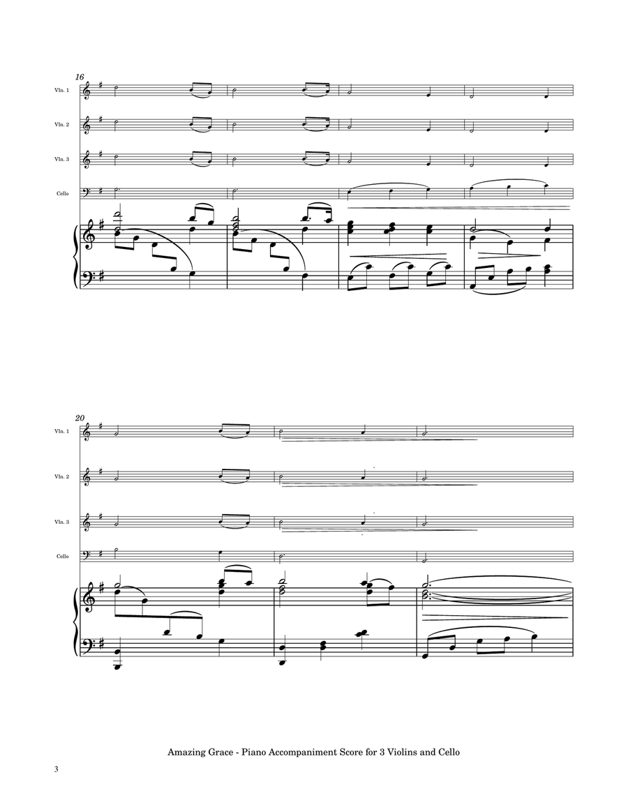 Amazing Grace - Three Violins and Cello with Piano Accompaniment String Quartet scores gallery preview page 4