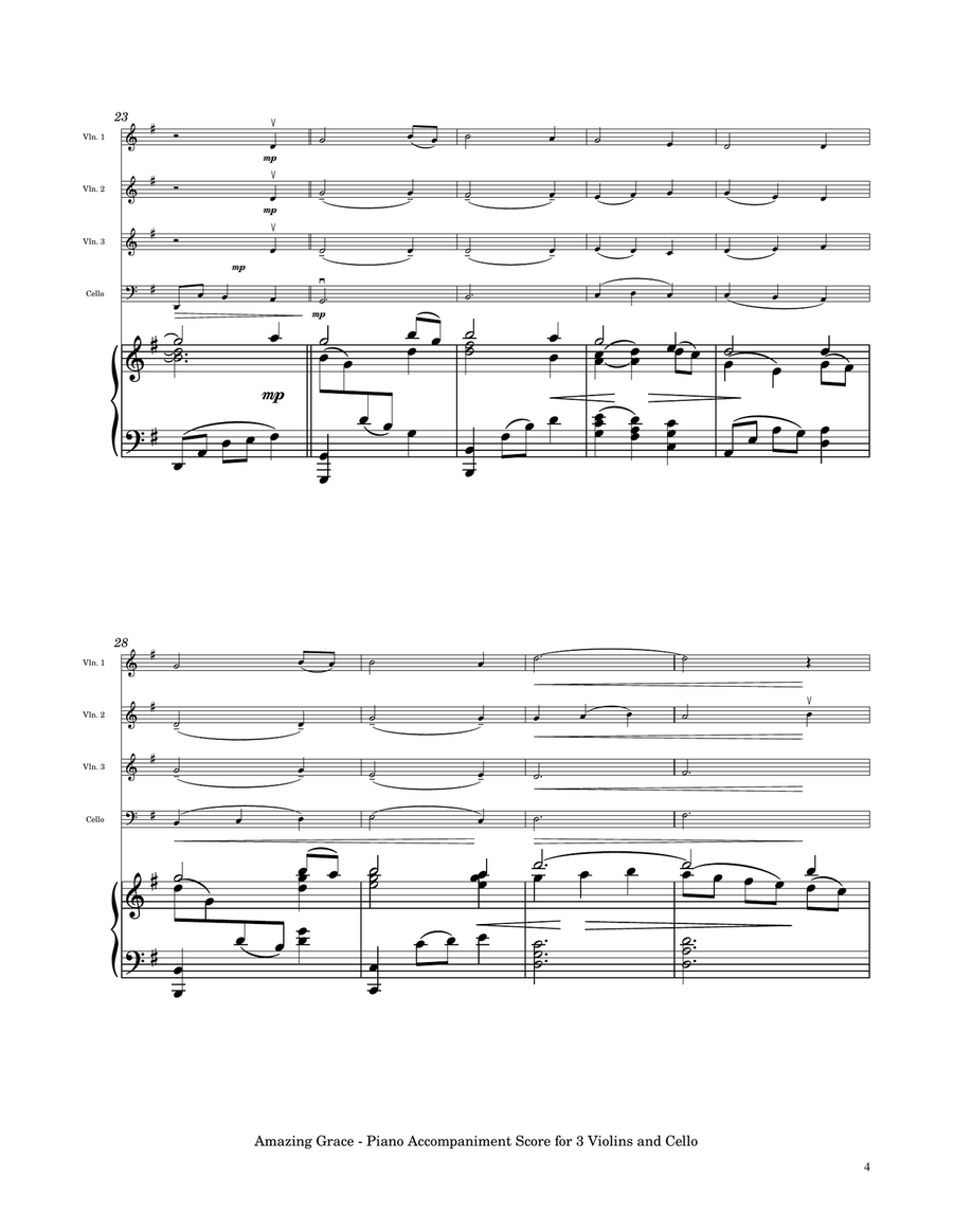 Amazing Grace - Three Violins and Cello with Piano Accompaniment String Quartet scores gallery preview page 5