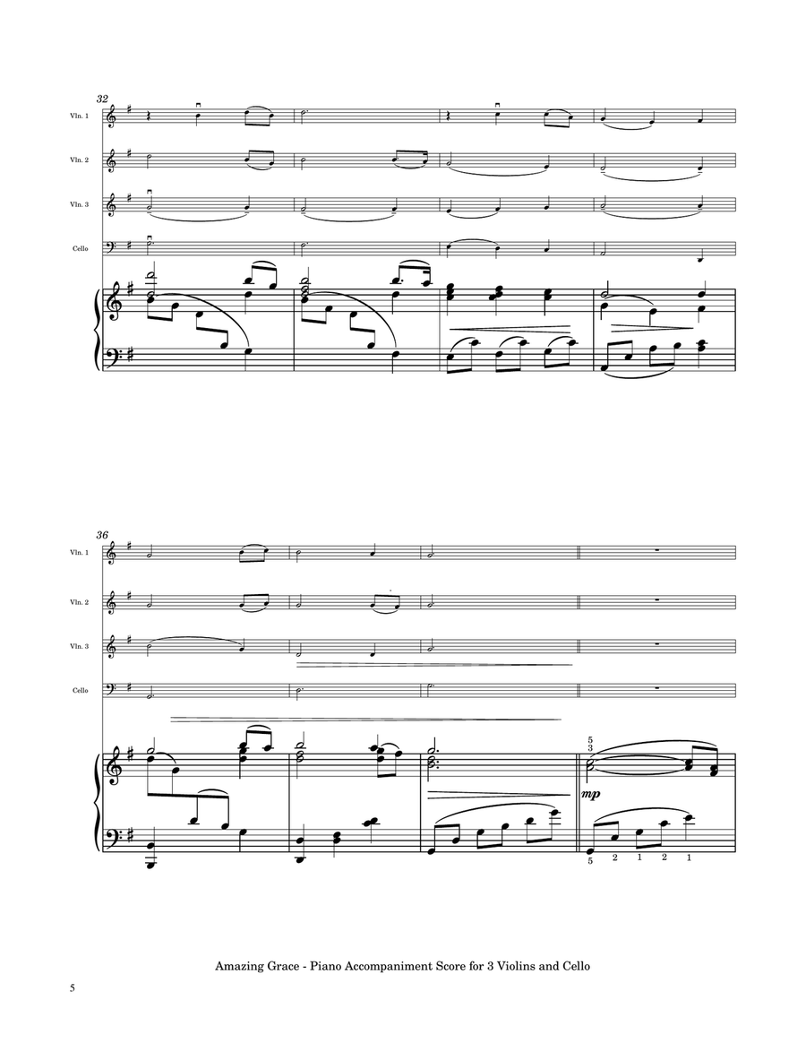 Amazing Grace - Three Violins and Cello with Piano Accompaniment String Quartet scores gallery preview page 6