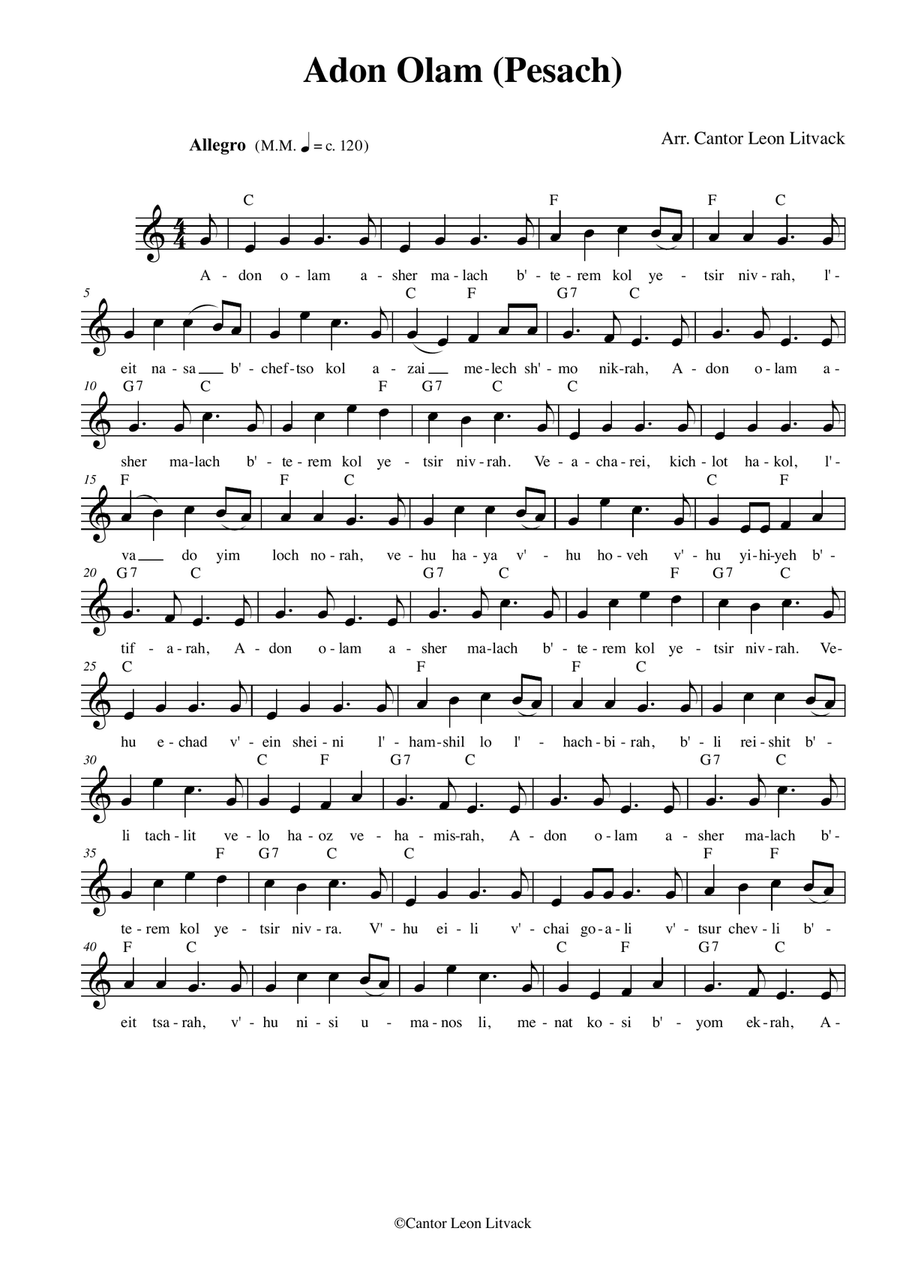 Adon Olam for Pesach/Passover, to the tune of Adir Hu, for solo voice & guitar Piano, Vocal scores gallery preview page 1