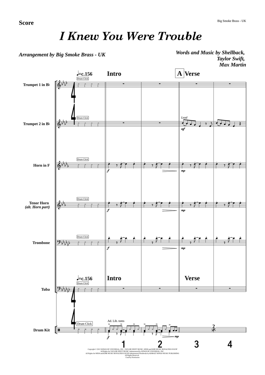 I Knew You Were Trouble Brass Quintet scores gallery preview page 1