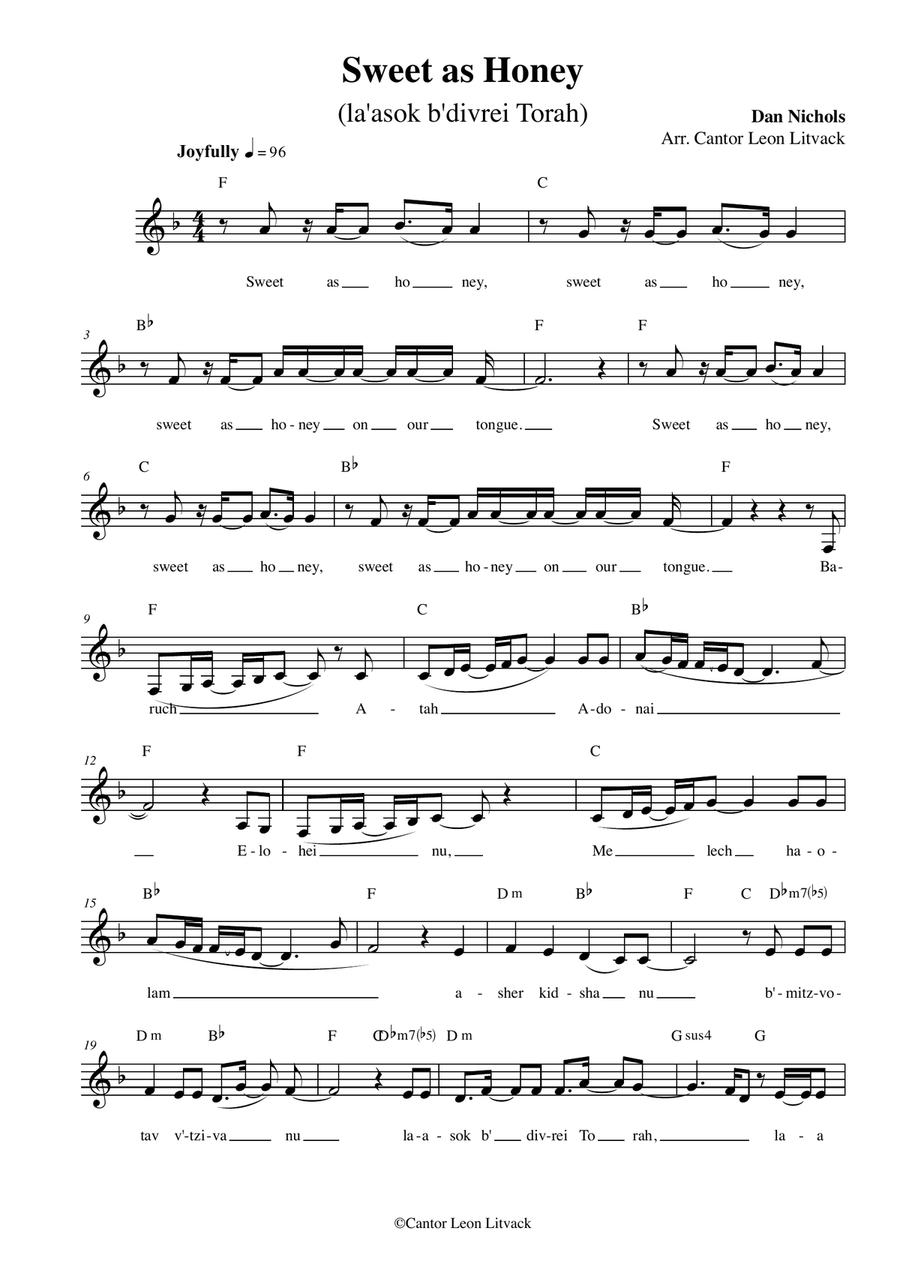 Sweet as Honey (La'asok b'divrei Torah, Dan Nichols & Eighteen), for solo voice & guitar Piano, Vocal scores gallery preview page 1