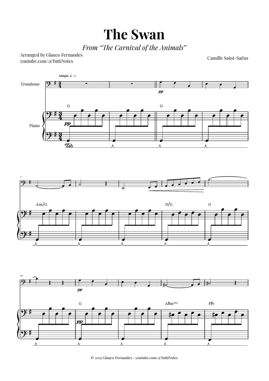 The Swan (Saint-Saëns) - Classical Sheet Music Piano scores gallery preview page 1