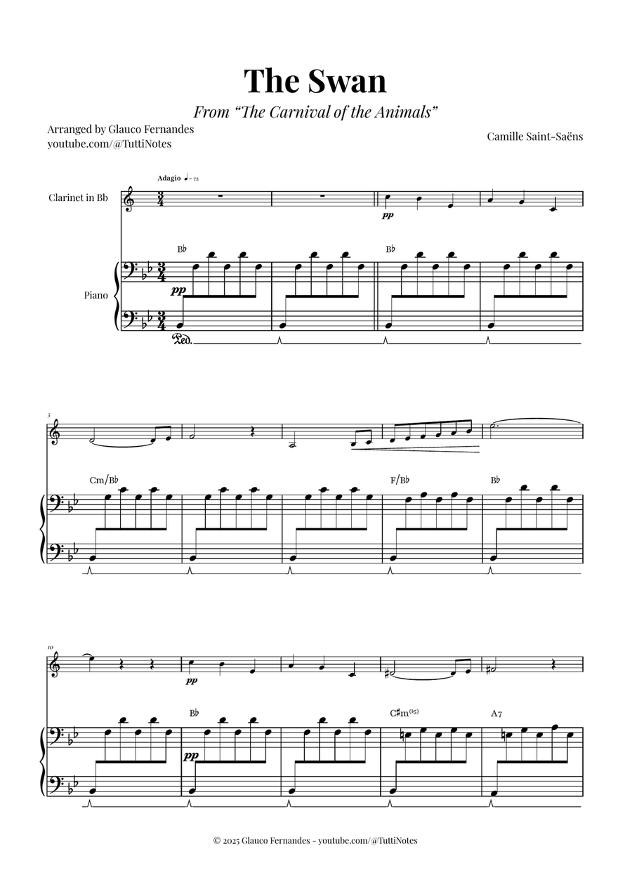 The Swan (Saint-Saëns) - Classical Sheet Music B-Flat Clarinet scores gallery preview page 1