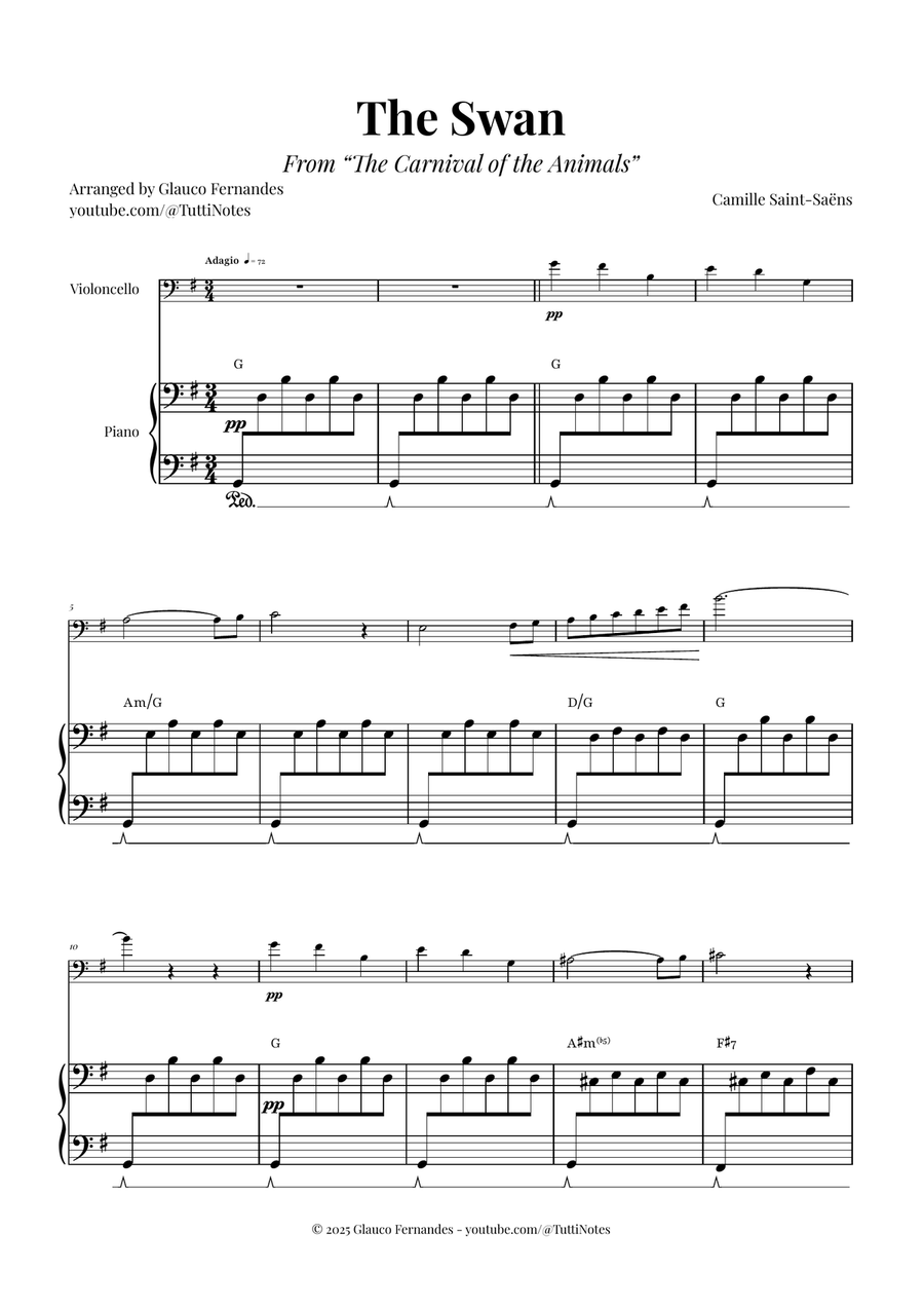 The Swan (Saint-Saëns) - Classical Sheet Music Piano scores gallery preview page 1