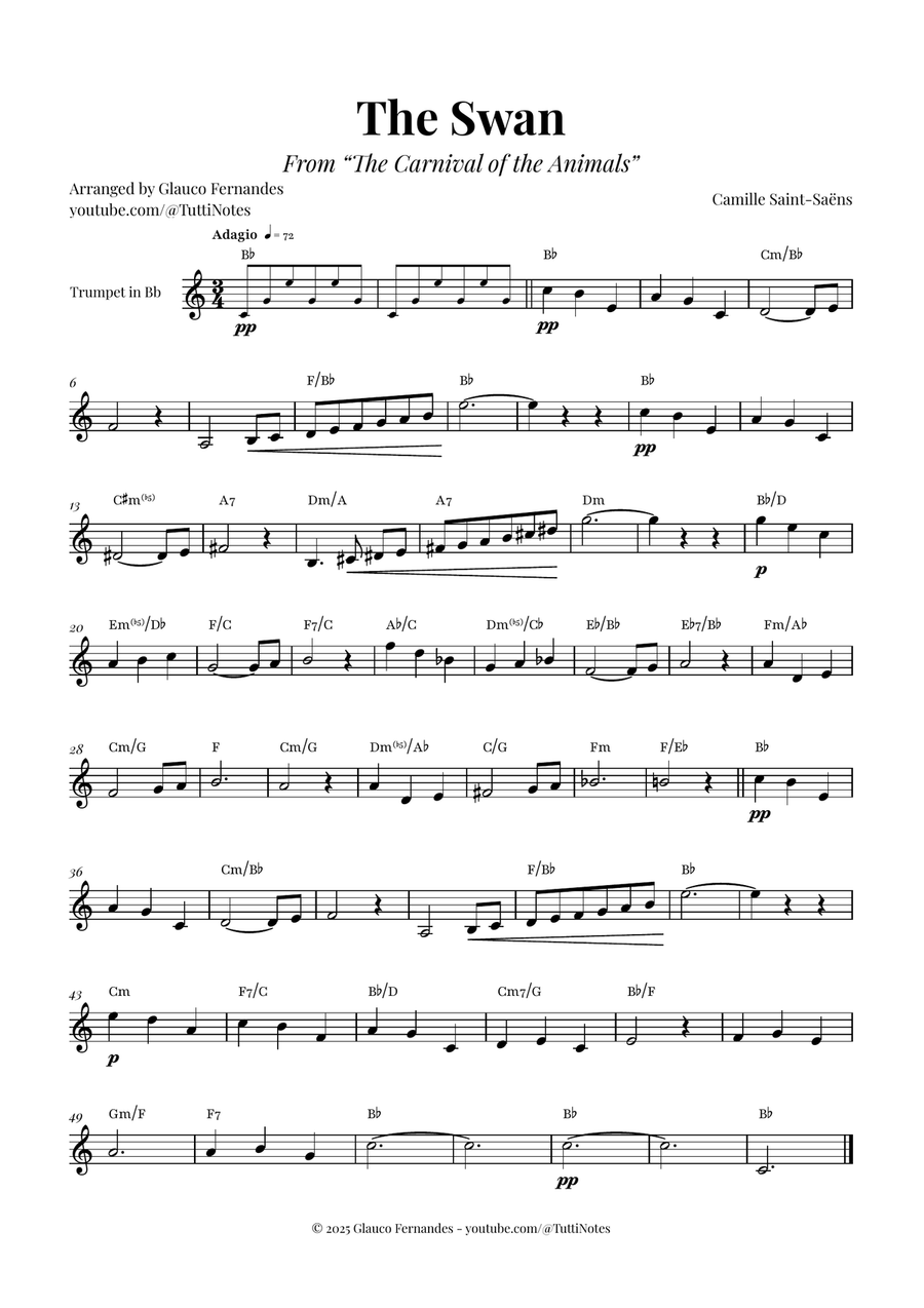 The Swan (Saint-Saëns) - Classical Sheet Music B-Flat Trumpet scores gallery preview page 1