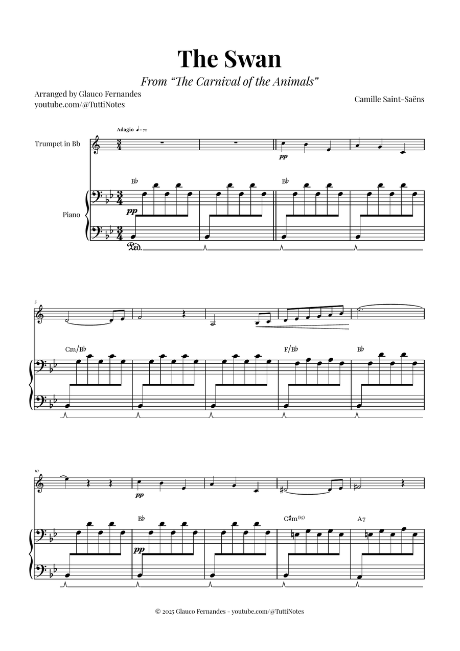 The Swan (Saint-Saëns) - Classical Sheet Music B-Flat Trumpet scores gallery preview page 1