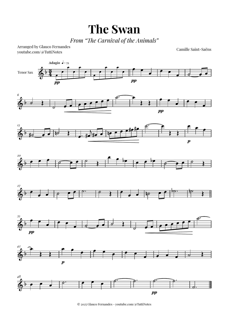 The Swan (Saint-Saëns) - Classical Sheet Music Tenor Saxophone scores gallery preview page 1