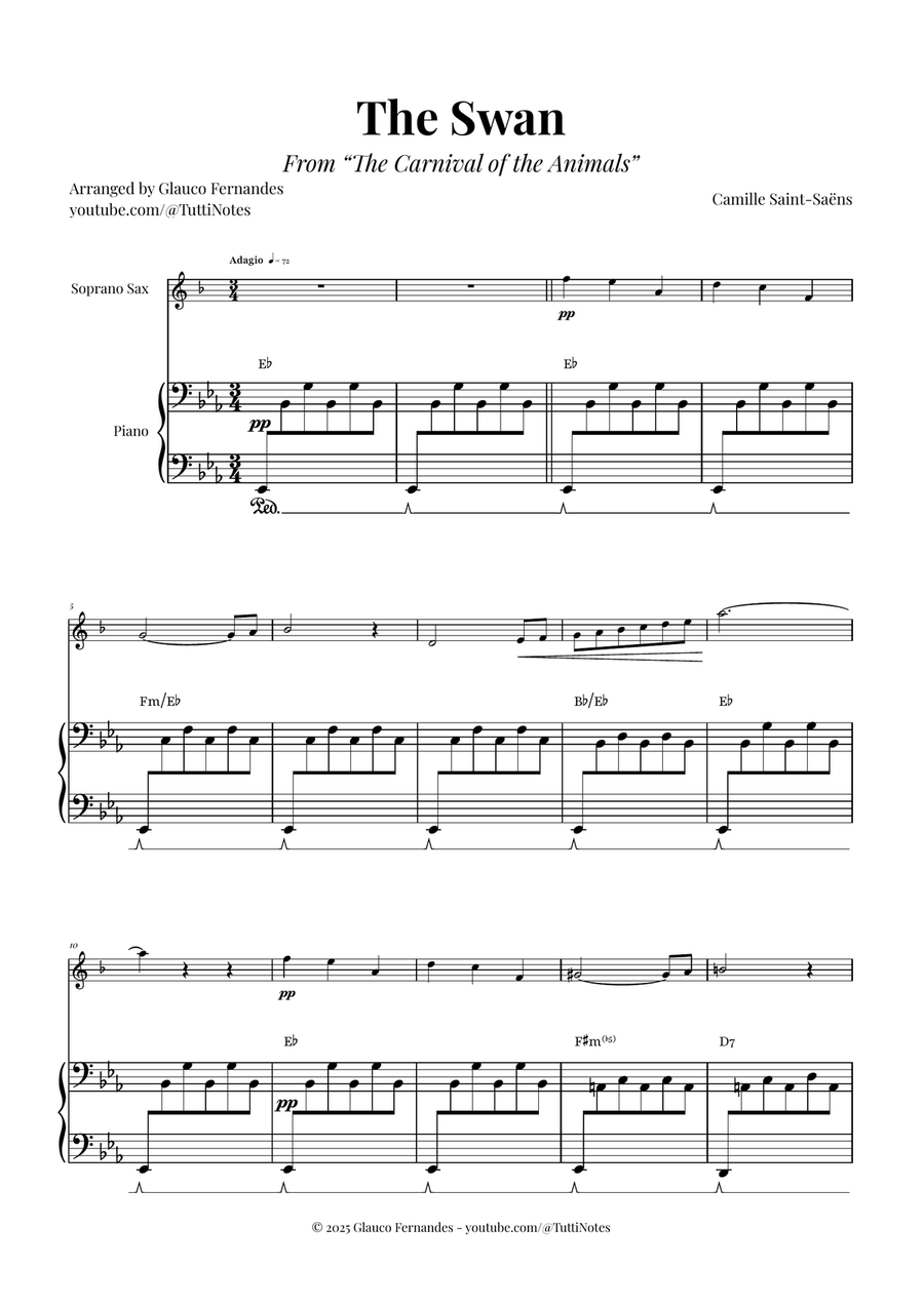 The Swan (Saint-Saëns) - Classical Sheet Music Soprano Saxophone scores gallery preview page 1
