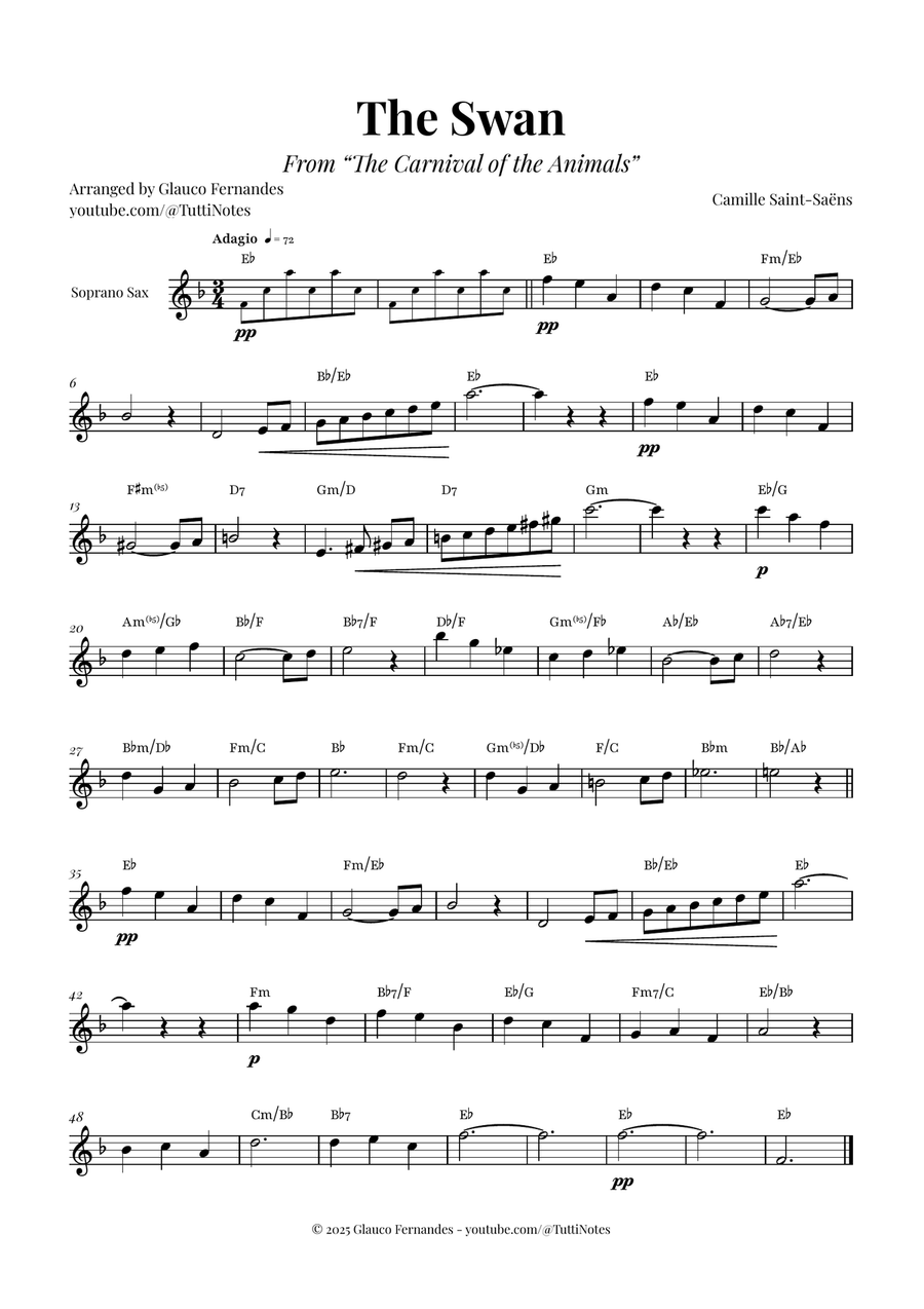 The Swan (Saint-Saëns) - Classical Sheet Music Soprano Saxophone scores gallery preview page 1