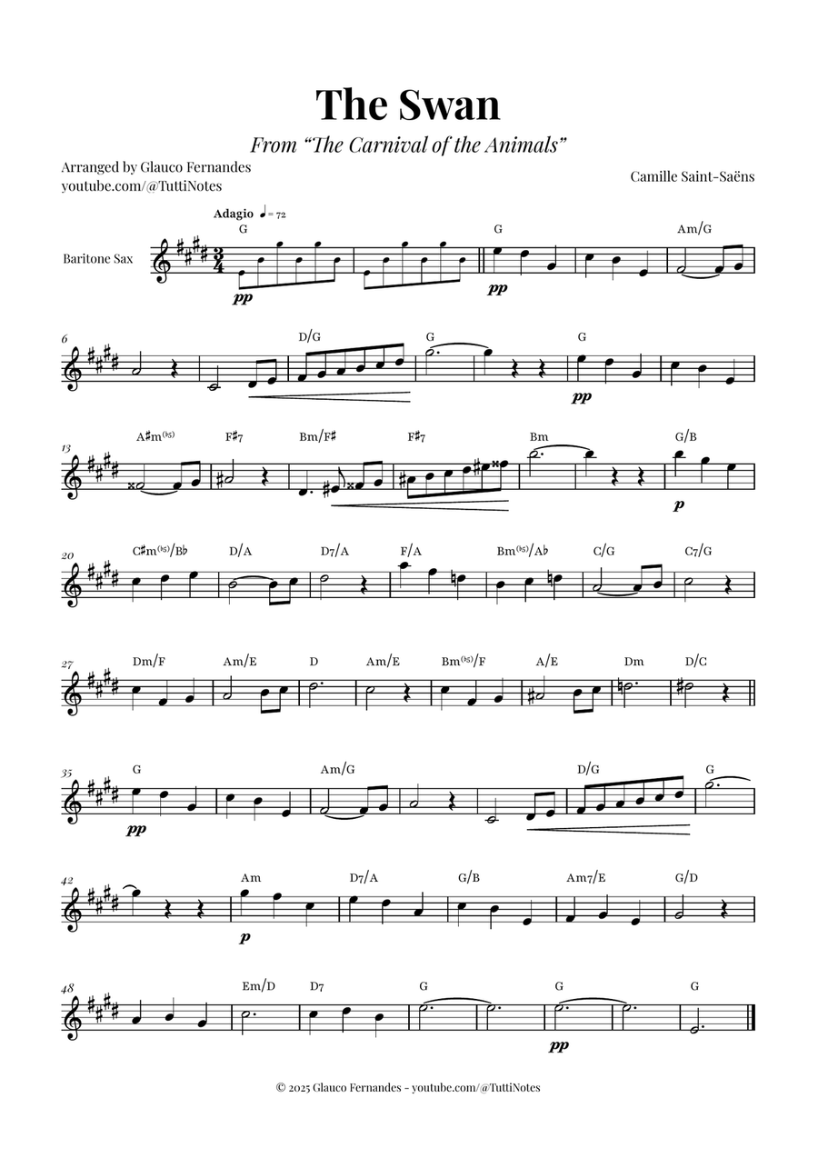 The Swan (Saint-Saëns) - Classical Sheet Music Baritone Saxophone scores gallery preview page 1