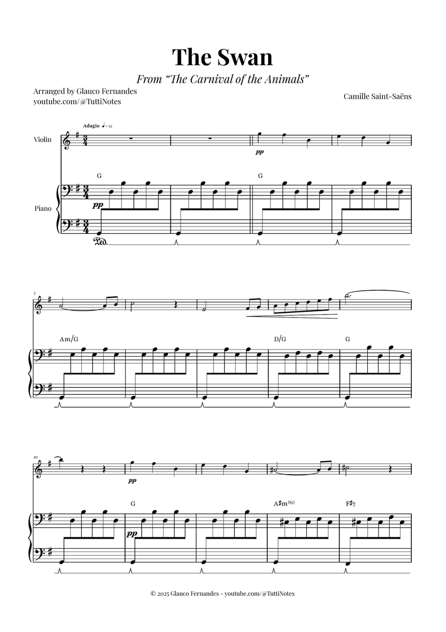 The Swan (Saint-Saëns) - Classical Sheet Music Violin Solo scores gallery preview page 1