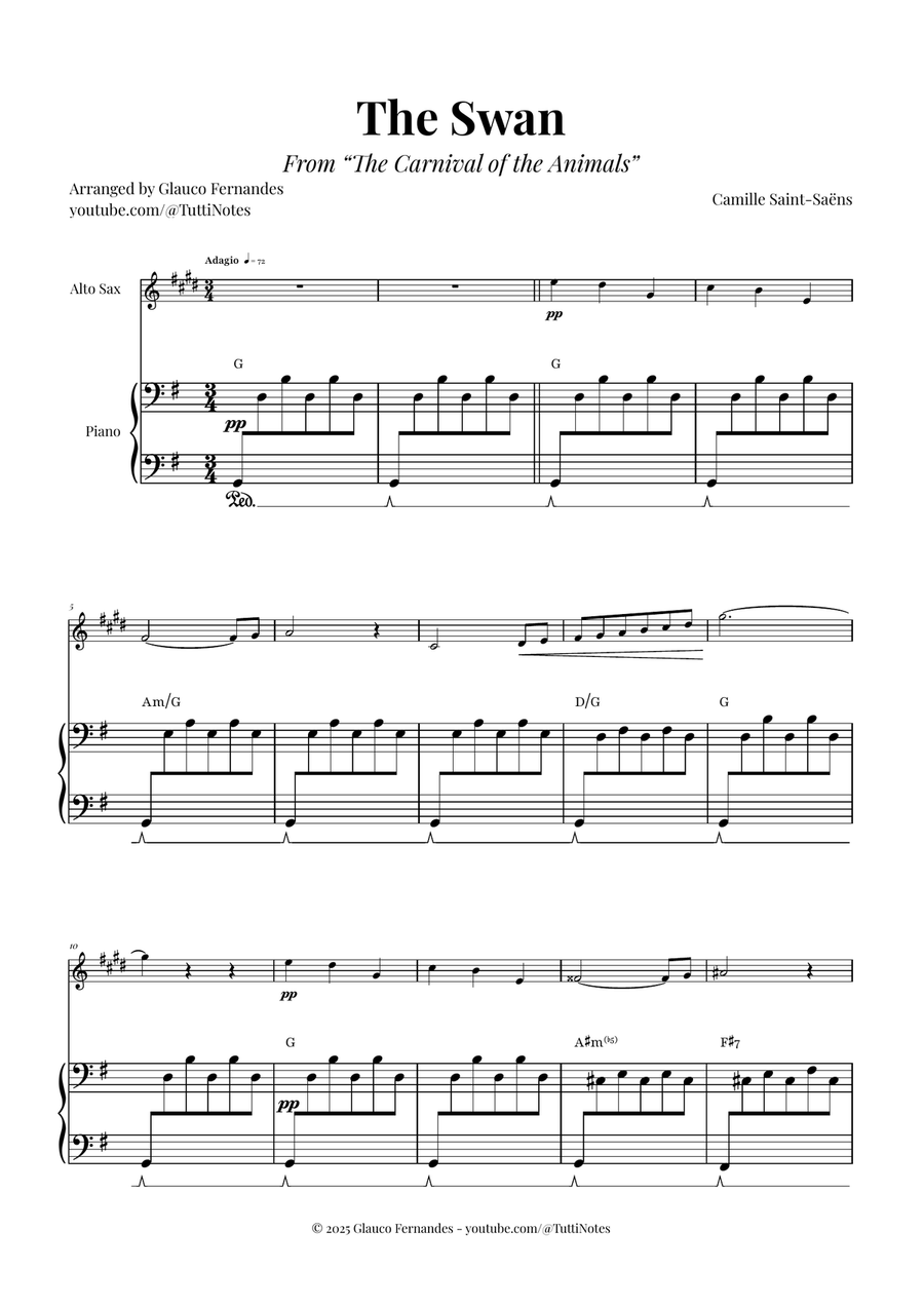 The Swan (Saint-Saëns) - Classical Sheet Music Alto Saxophone scores gallery preview page 1
