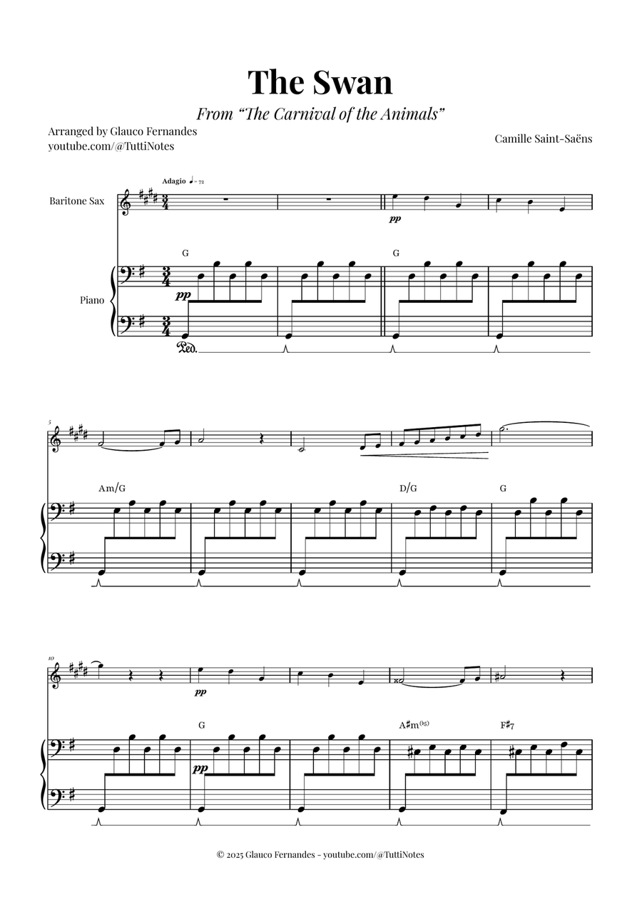 The Swan (Saint-Saëns) - Classical Sheet Music Baritone Saxophone scores gallery preview page 1