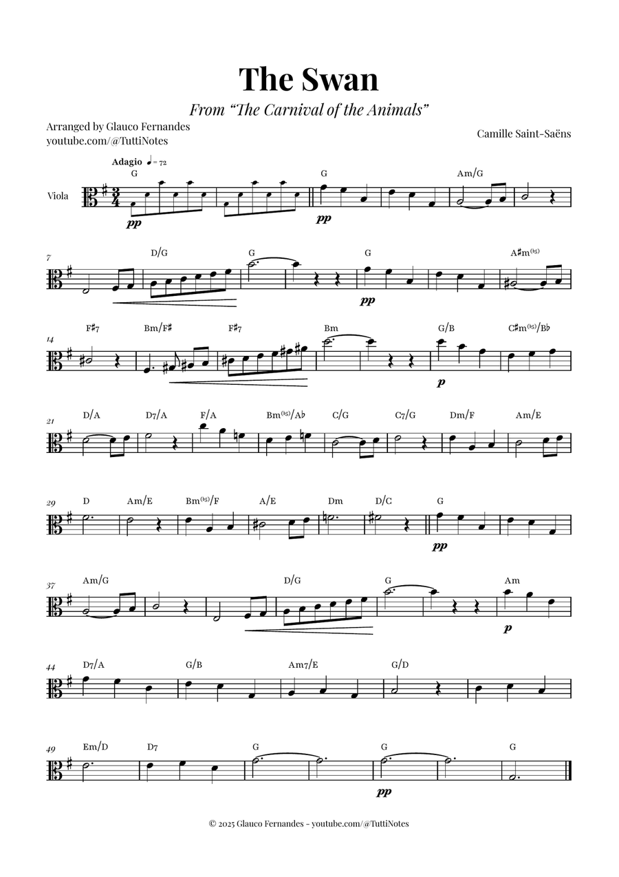 The Swan (Saint-Saëns) - Classical Sheet Music Viola Solo scores gallery preview page 1