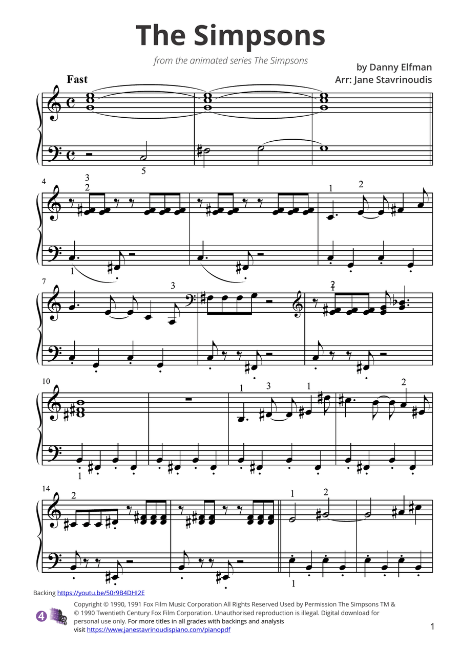 Theme From The Simpsons Piano Solo scores gallery preview page 1