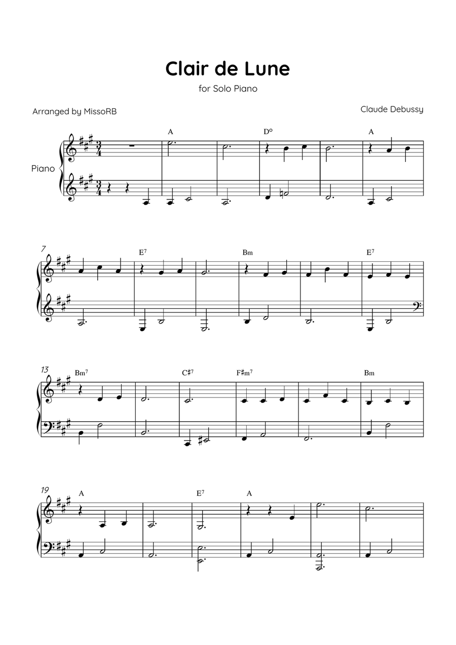 Clair de Lune - Solo Piano in A Major With Chords - Beginner Easy Piano scores gallery preview page 1