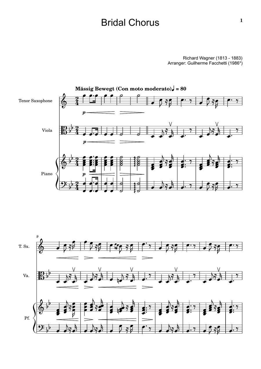 Bridal Chorus. R. Wagner - T. Sax., Viola and Piano. Score and Parts. Chamber Music scores gallery preview page 1