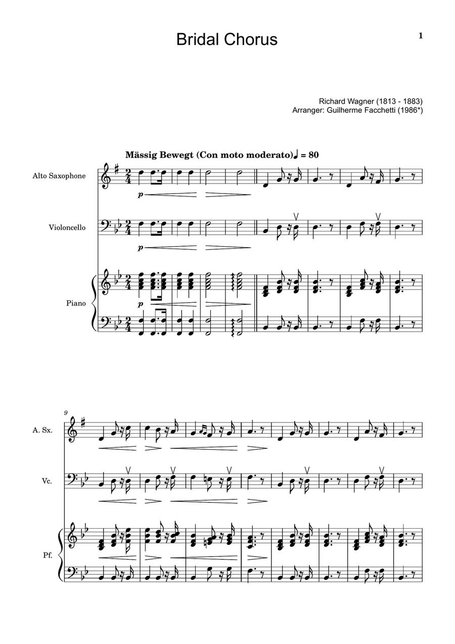 Bridal Chorus. R. Wagner - A. Sax., Cello and Piano. Score and Parts. Chamber Music scores gallery preview page 1