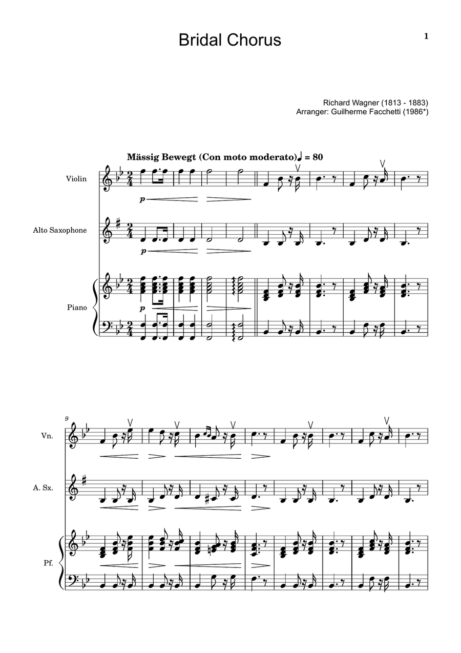Bridal Chorus. R. Wagner - Violin, A. Sax. and Piano. Score and Parts. Chamber Music scores gallery preview page 1
