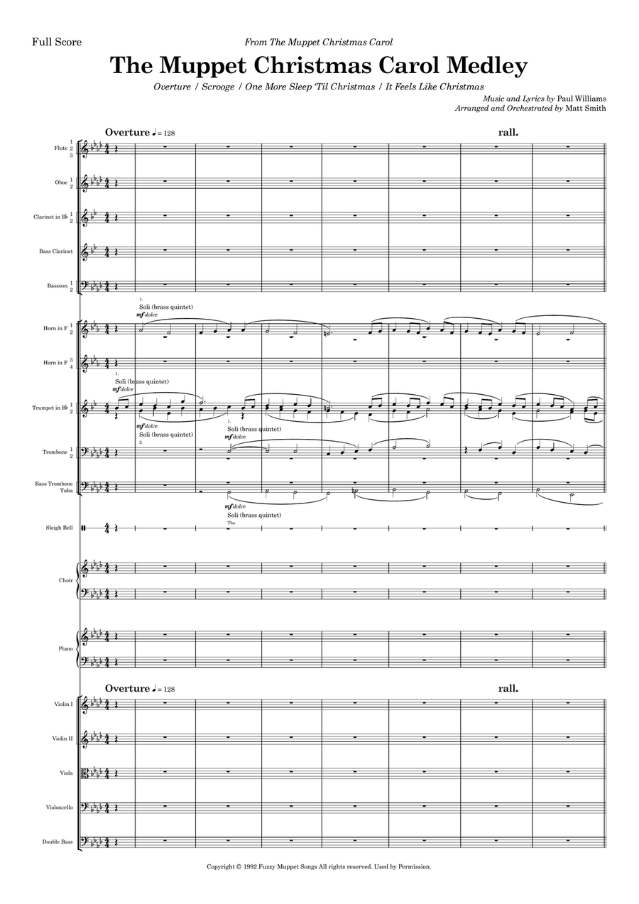 Medley: Overture with Scrooge, One More Sleep 'til Christmas, and It Feels Like Christmas Full Orchestra scores gallery preview page 1