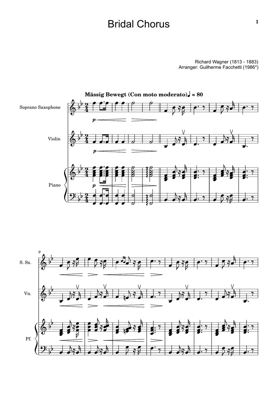 Bridal Chorus. R. Wagner - S. Sax., Violin and Piano. Score and Parts. Chamber Music scores gallery preview page 1