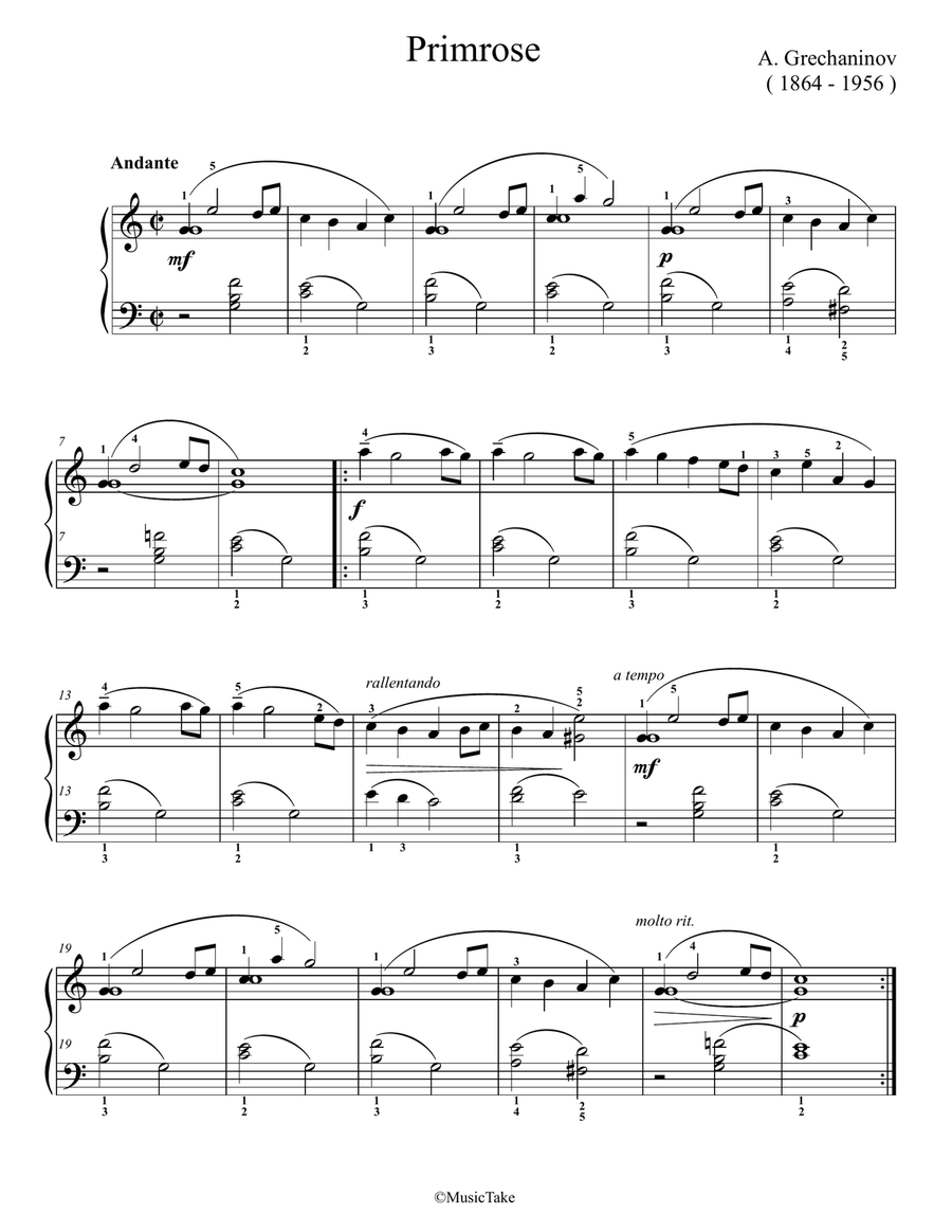 Grechaninov Primrose Grechaninov Primrose Easy Piano scores gallery preview page 1