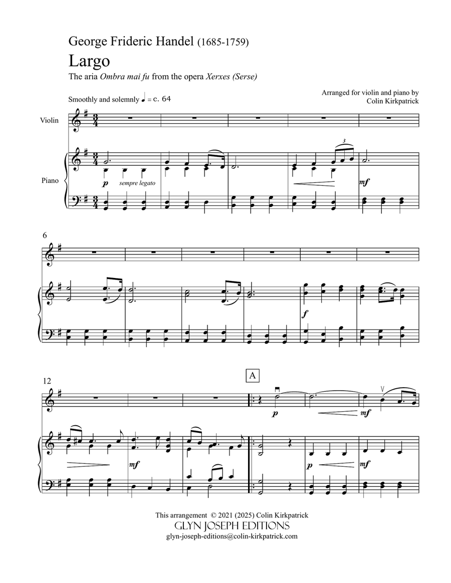 Largo (from Xerxes) for violin and piano Violin Solo scores gallery preview page 2