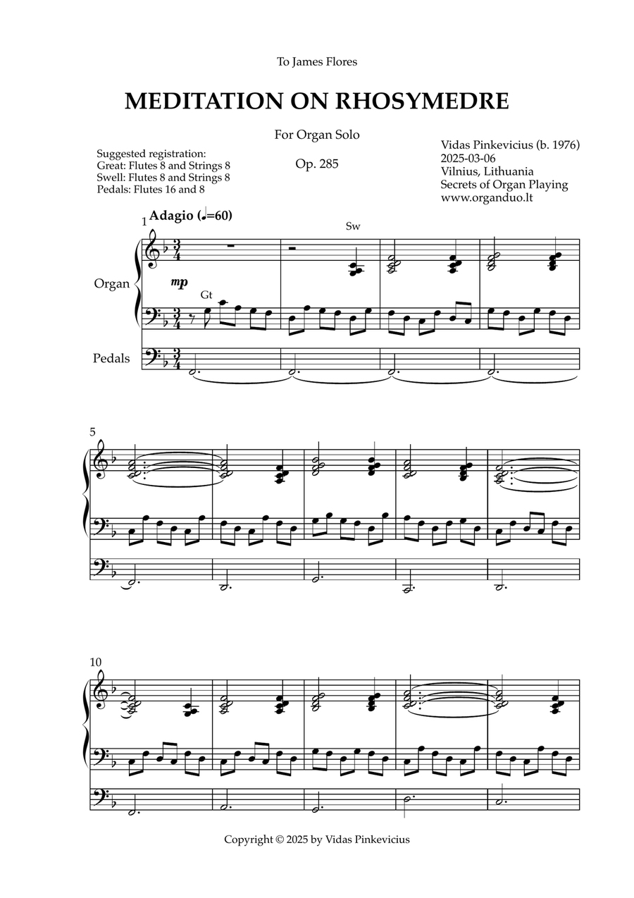 Meditation on Rhosymedre, Op. 285 by Vidas Pinkevicius Organ Solo scores gallery preview page 1