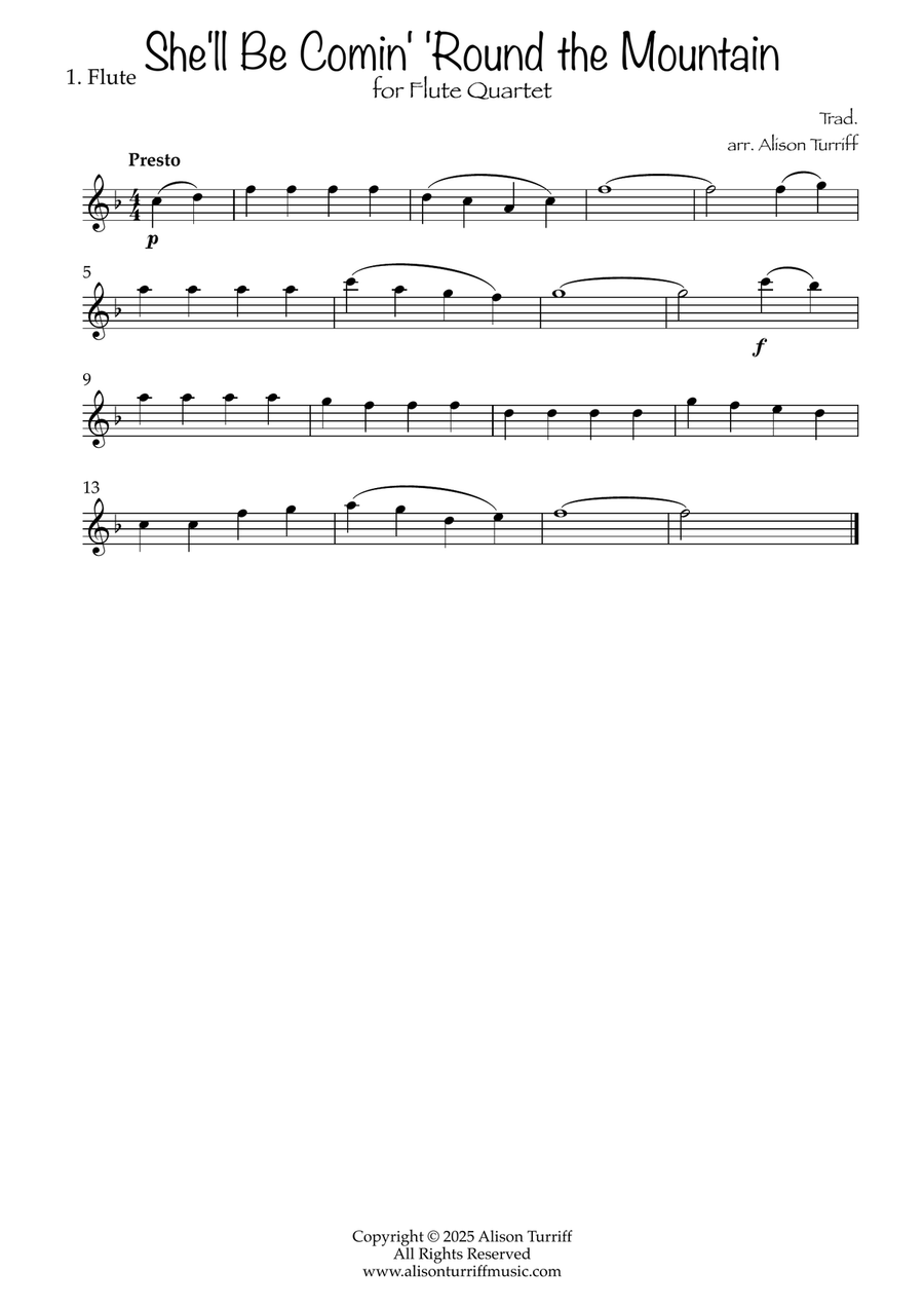 She'll Be Coming 'Round the Mountain for flute quartet Flute Quartet scores gallery preview page 4