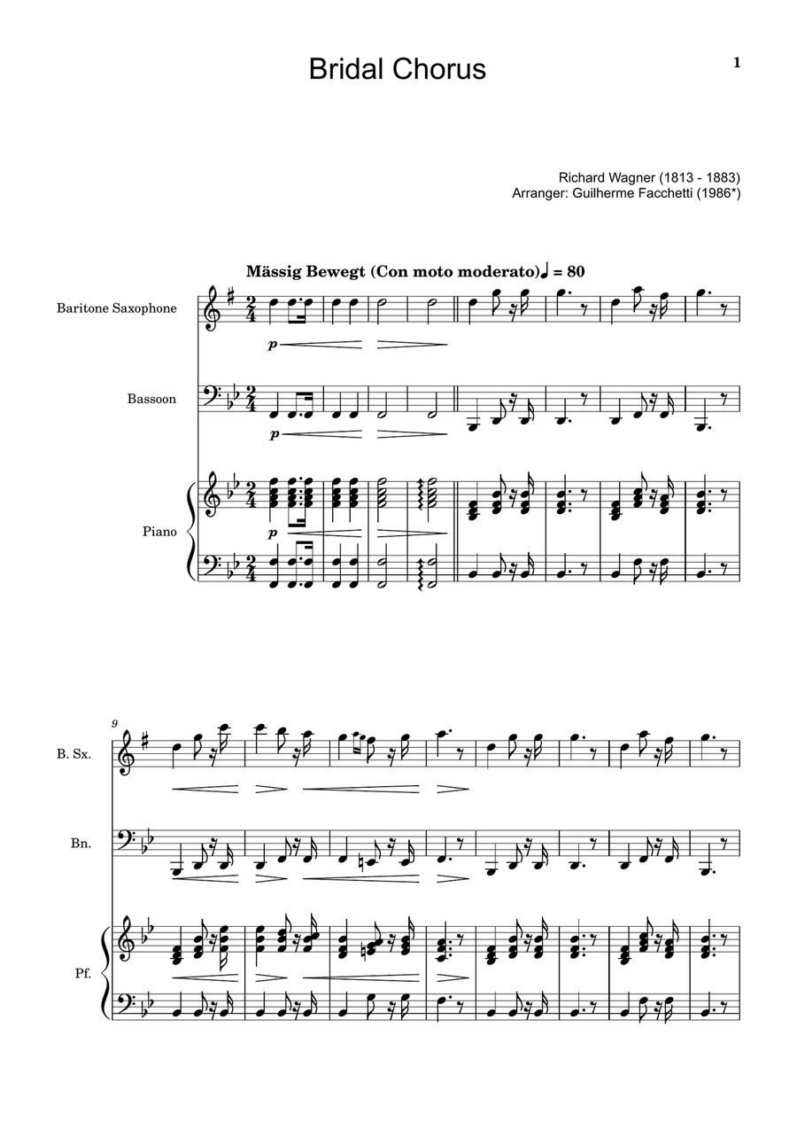 Bridal Chorus. R. Wagner - B. Sax., Bassoon and Piano. Score and Parts. Woodwind Duet scores gallery preview page 1