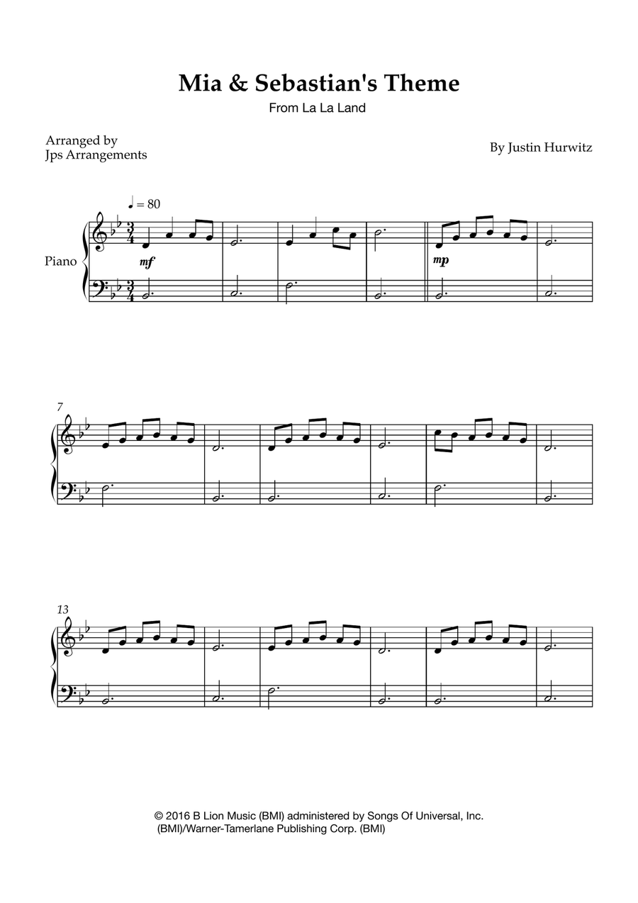 Mia & Sebastian's Theme Easy Piano scores gallery preview page 1