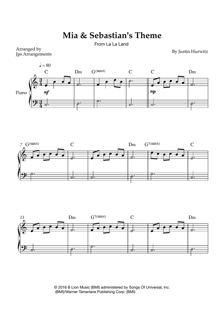 Mia & Sebastian's Theme Easy Piano scores gallery preview page 1