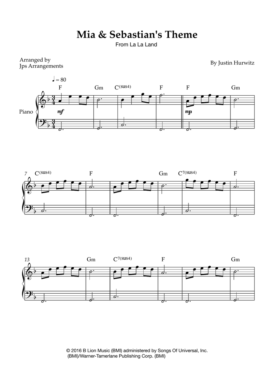 Mia & Sebastian's Theme Easy Piano scores gallery preview page 1